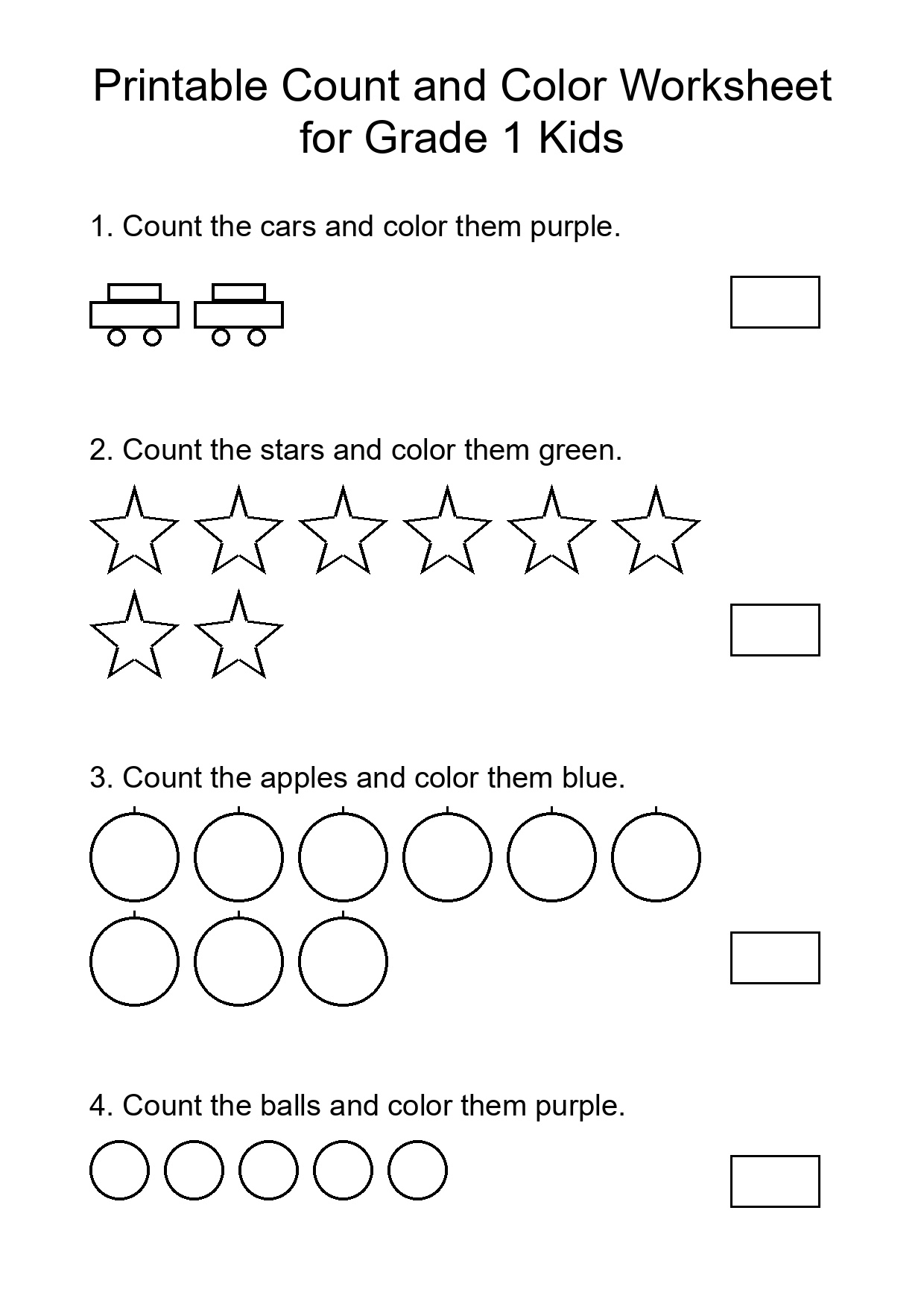 Printable Count and Color Worksheet for Grade 1 Kids