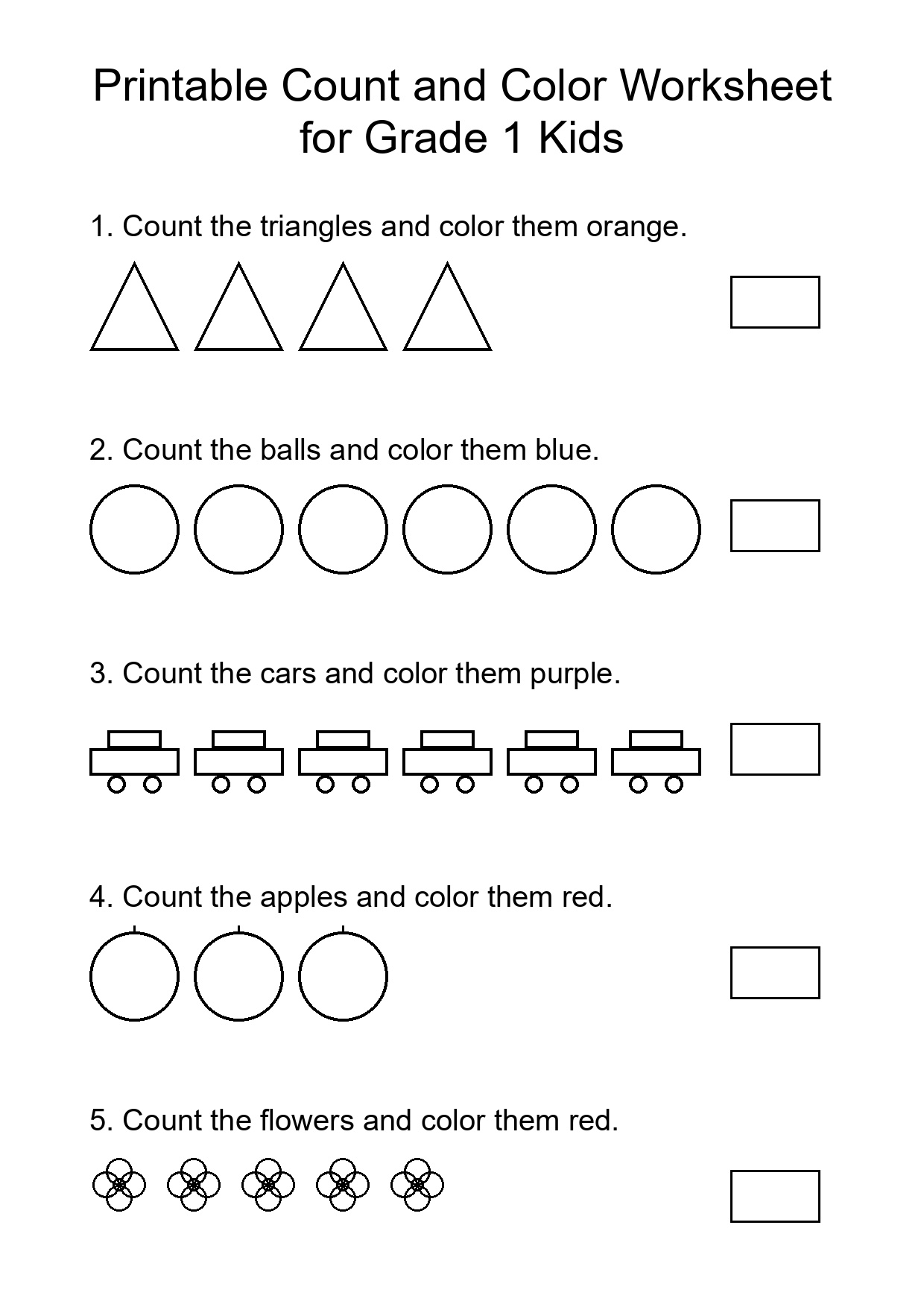 Printable Count and Color Worksheet for Grade 1 Kids