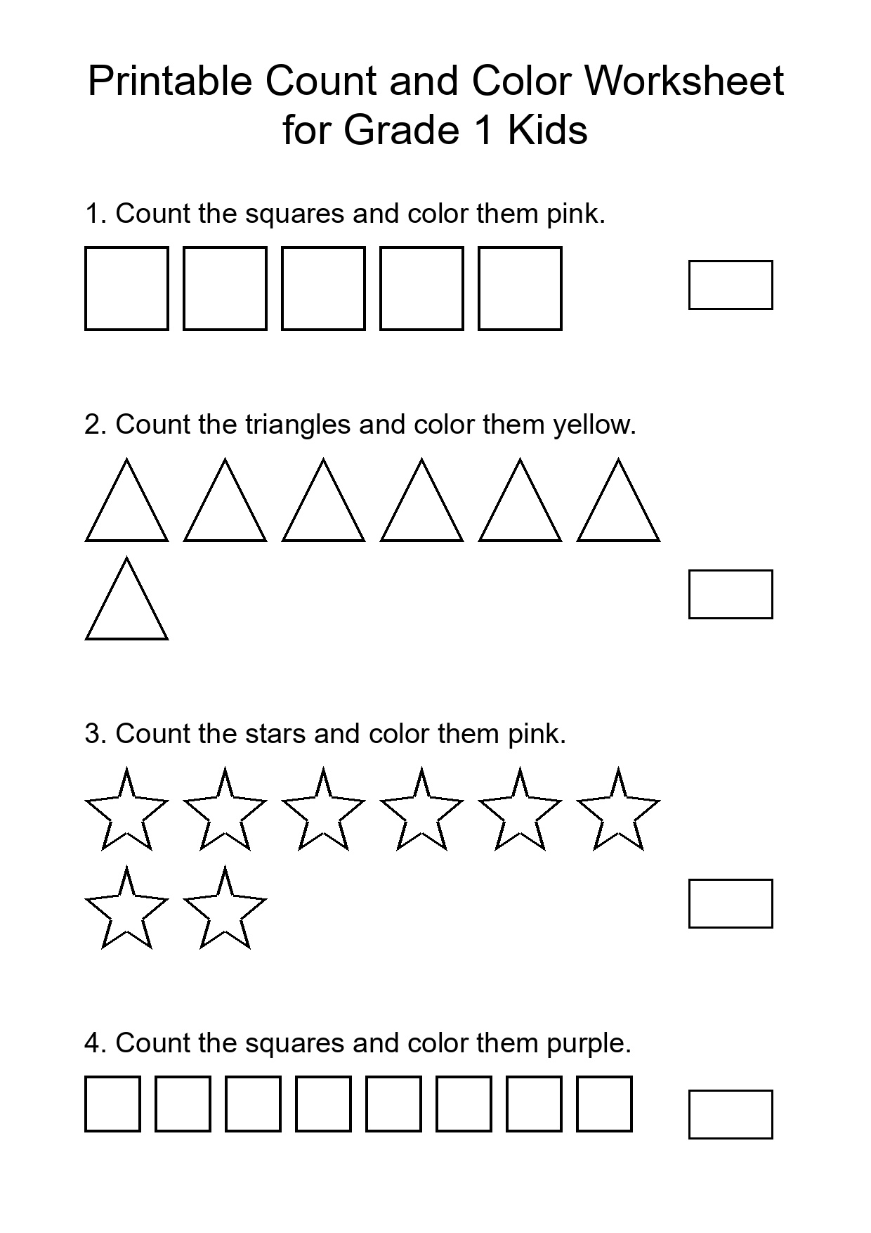 Printable Count and Color Worksheet for Grade 1 Kids