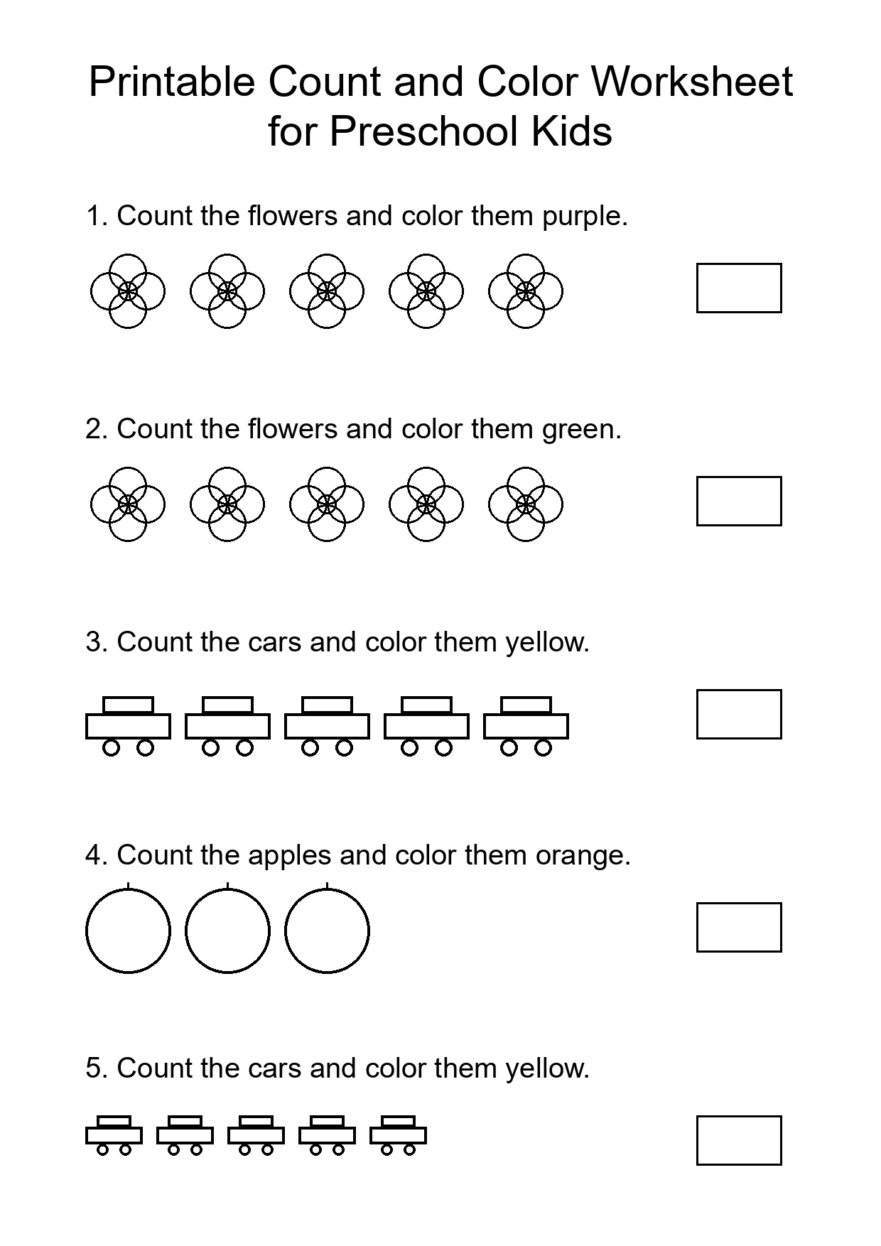 Printable Count and Color Worksheet for Preschool Kids