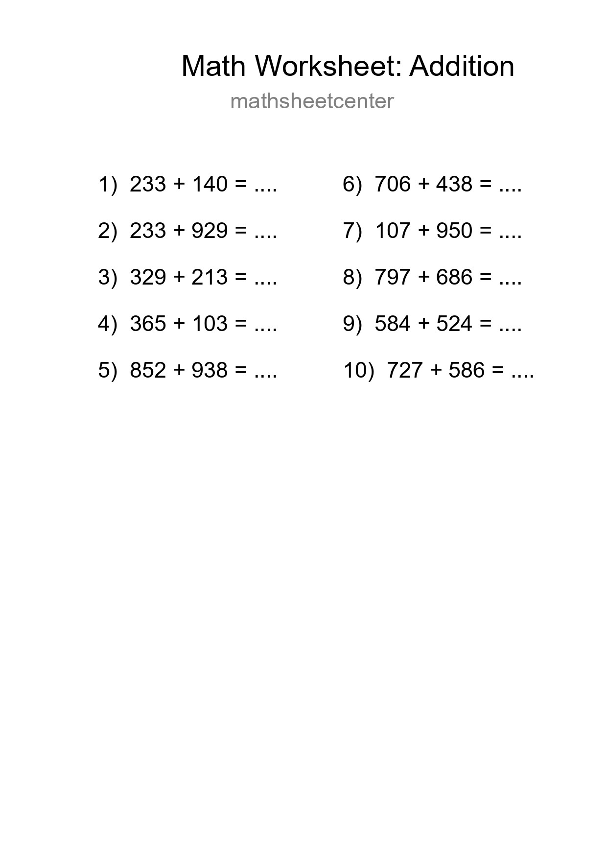 Printable Free 10 Addition Math Worksheet For Grade 5 - Part 45