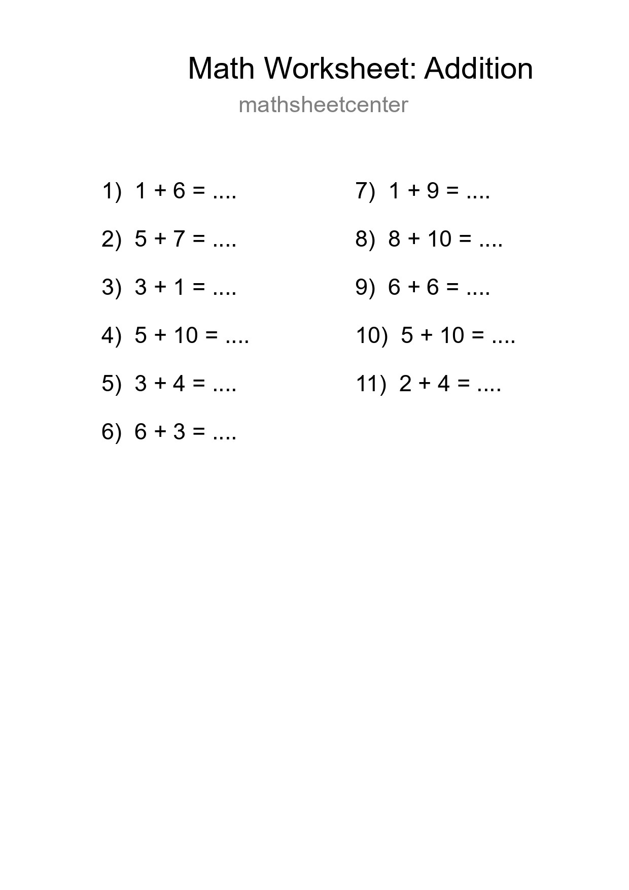 Printable Free 11 Addition Math Worksheet For Grade 1 - Part 287