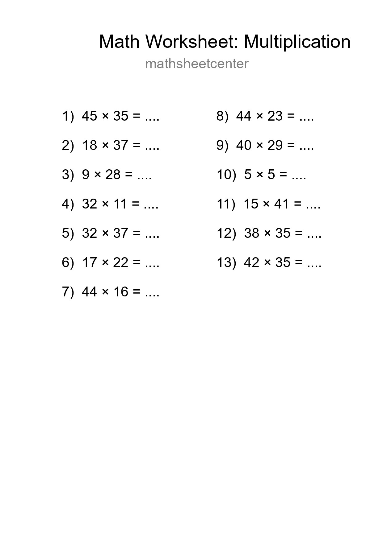Printable Free 13 Multiplication Math Worksheet For Grade 2 - Part 128