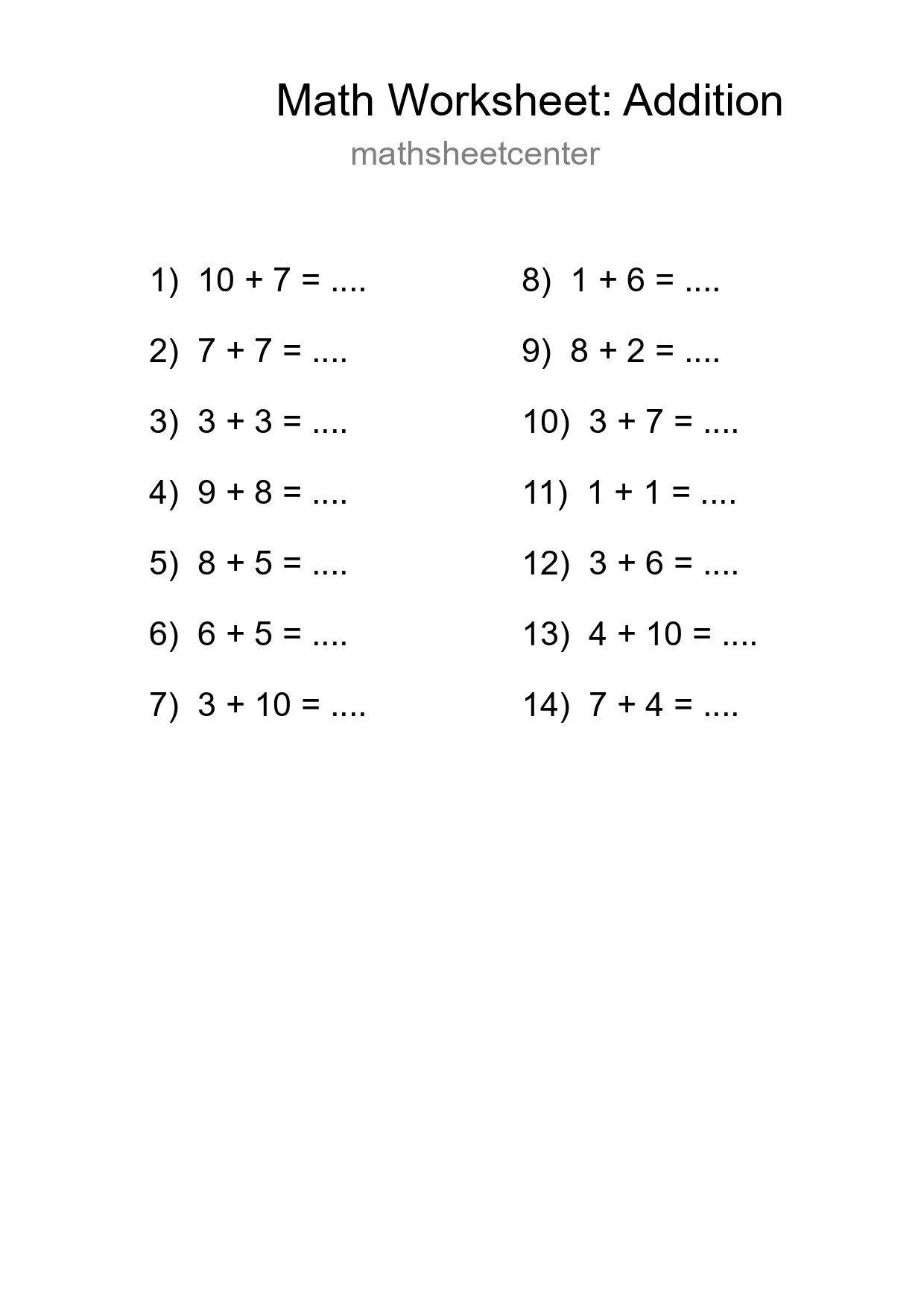Printable Free 14 Addition Math Worksheet For Grade 1 - Part 155