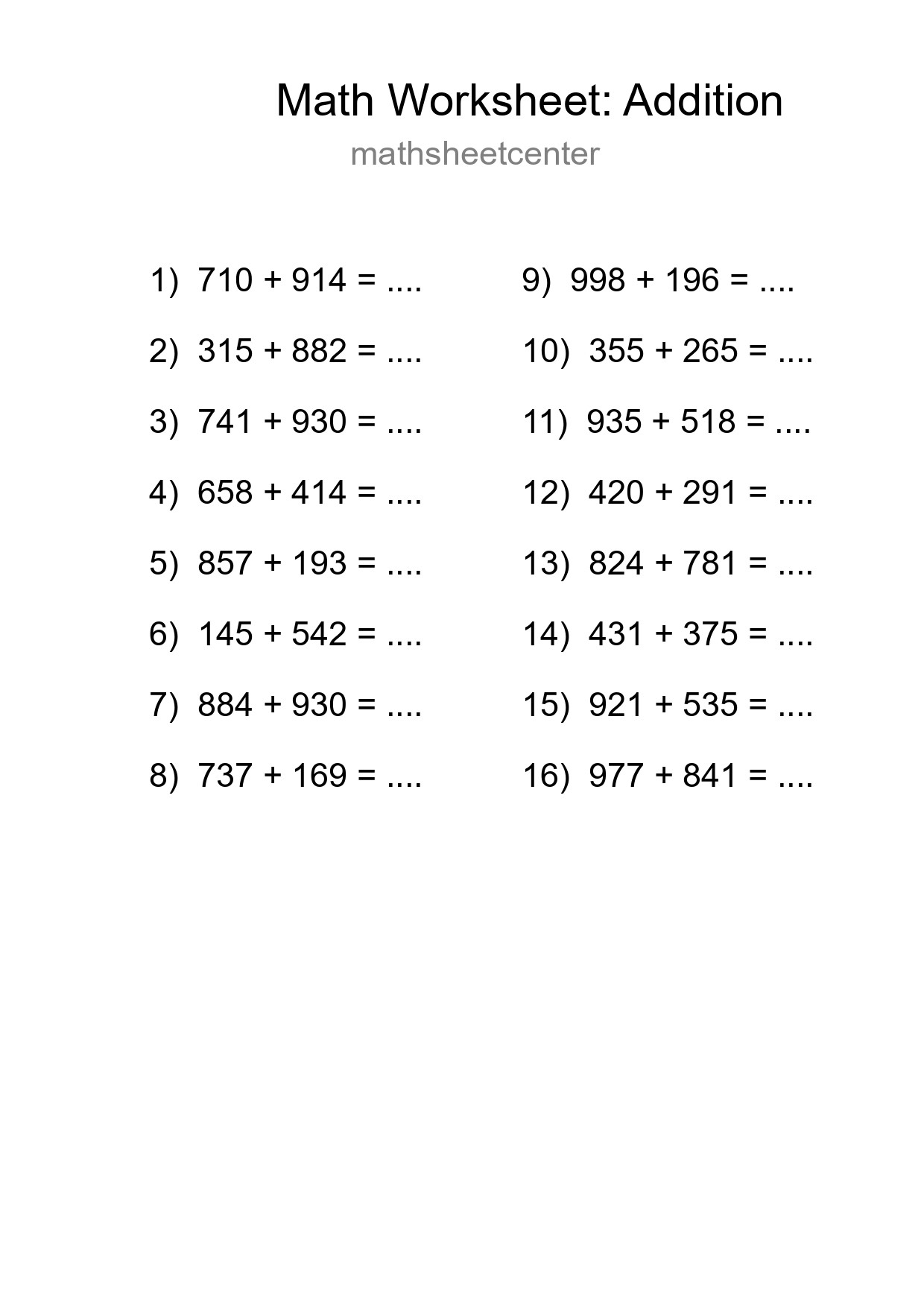 Printable Free 16 Addition Math Worksheet For Grade 5 - Part 78