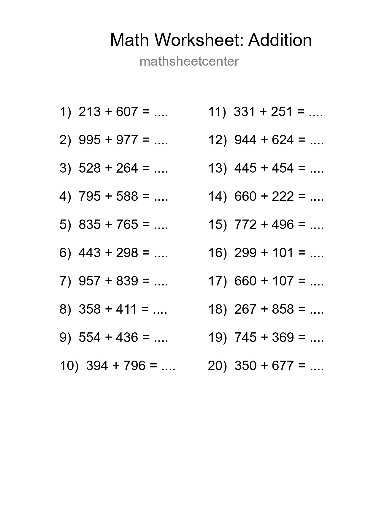 Printable Free 20 Addition Math Worksheet For Grade 5 - Part 56