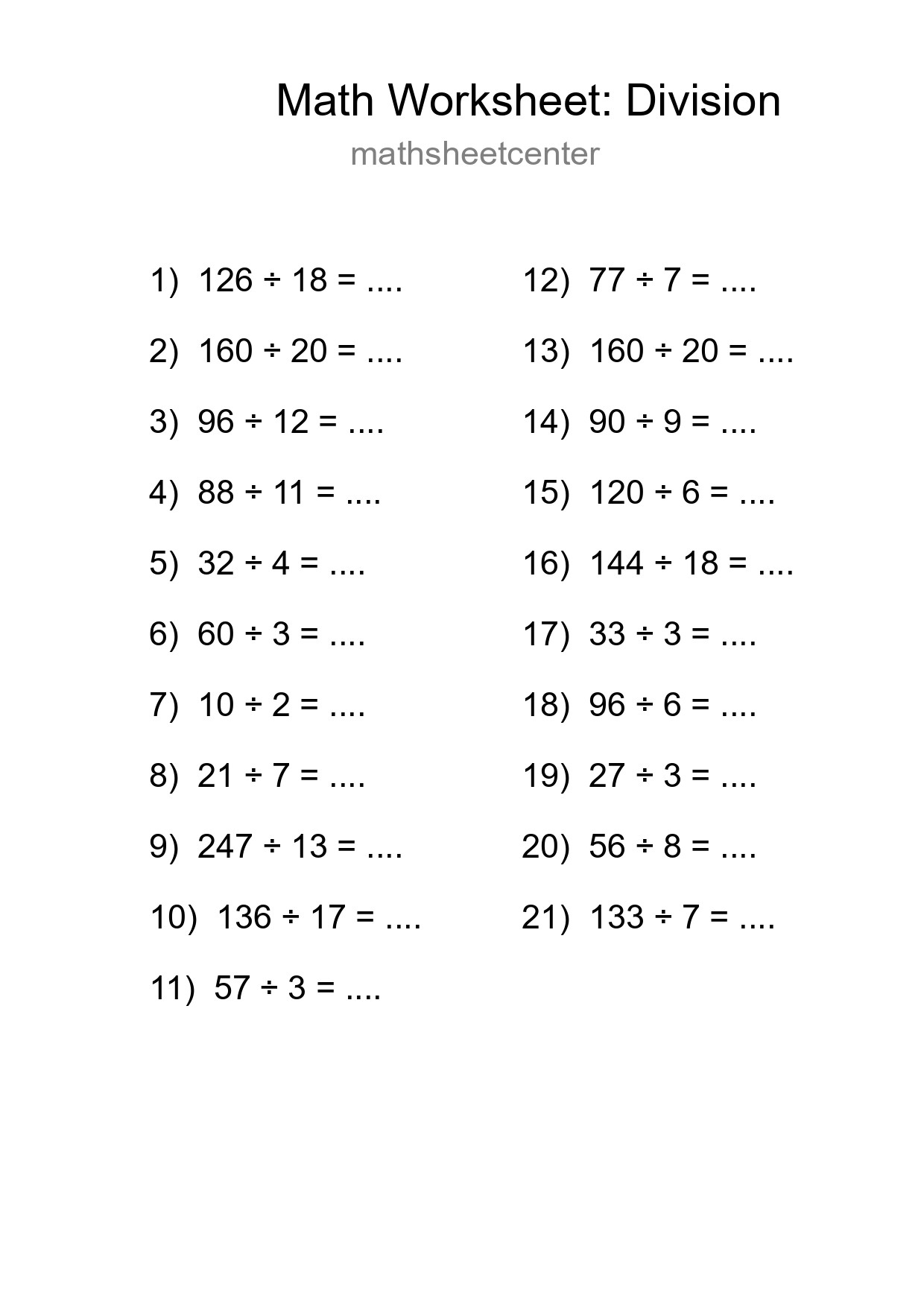Printable Free 21 Division Math Worksheet For Grade 2 - Part 279