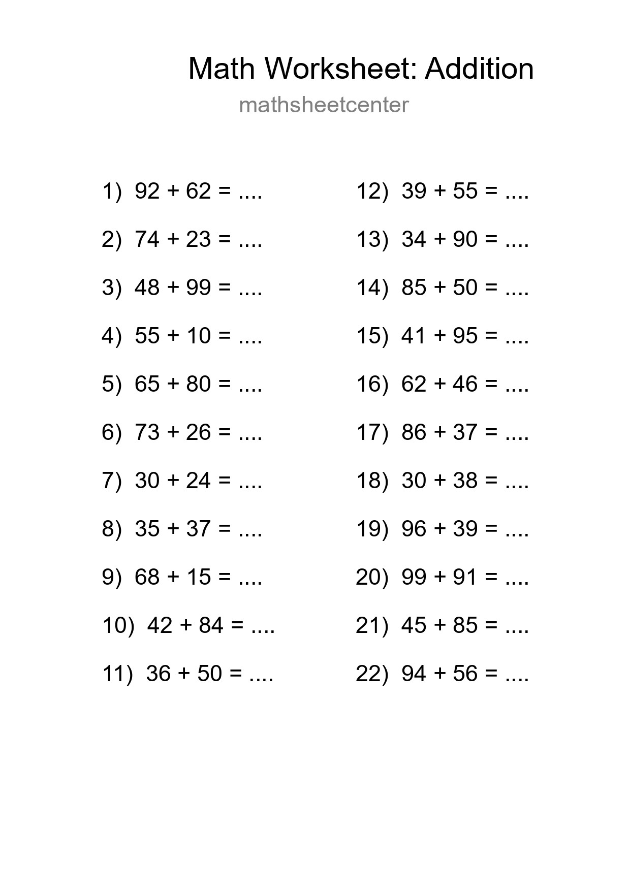 Printable Free 22 Addition Math Worksheet For Grade 3 - Part 111