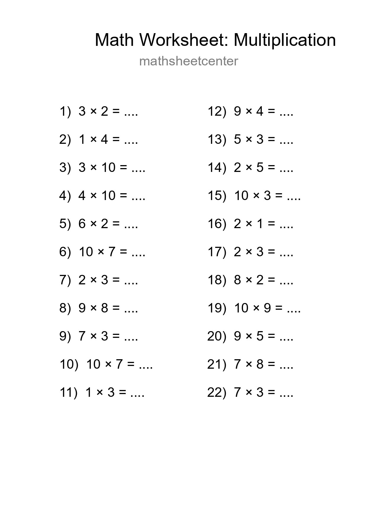 Printable Free 22 Multiplication Math Worksheet For Grade 1 - Part 117