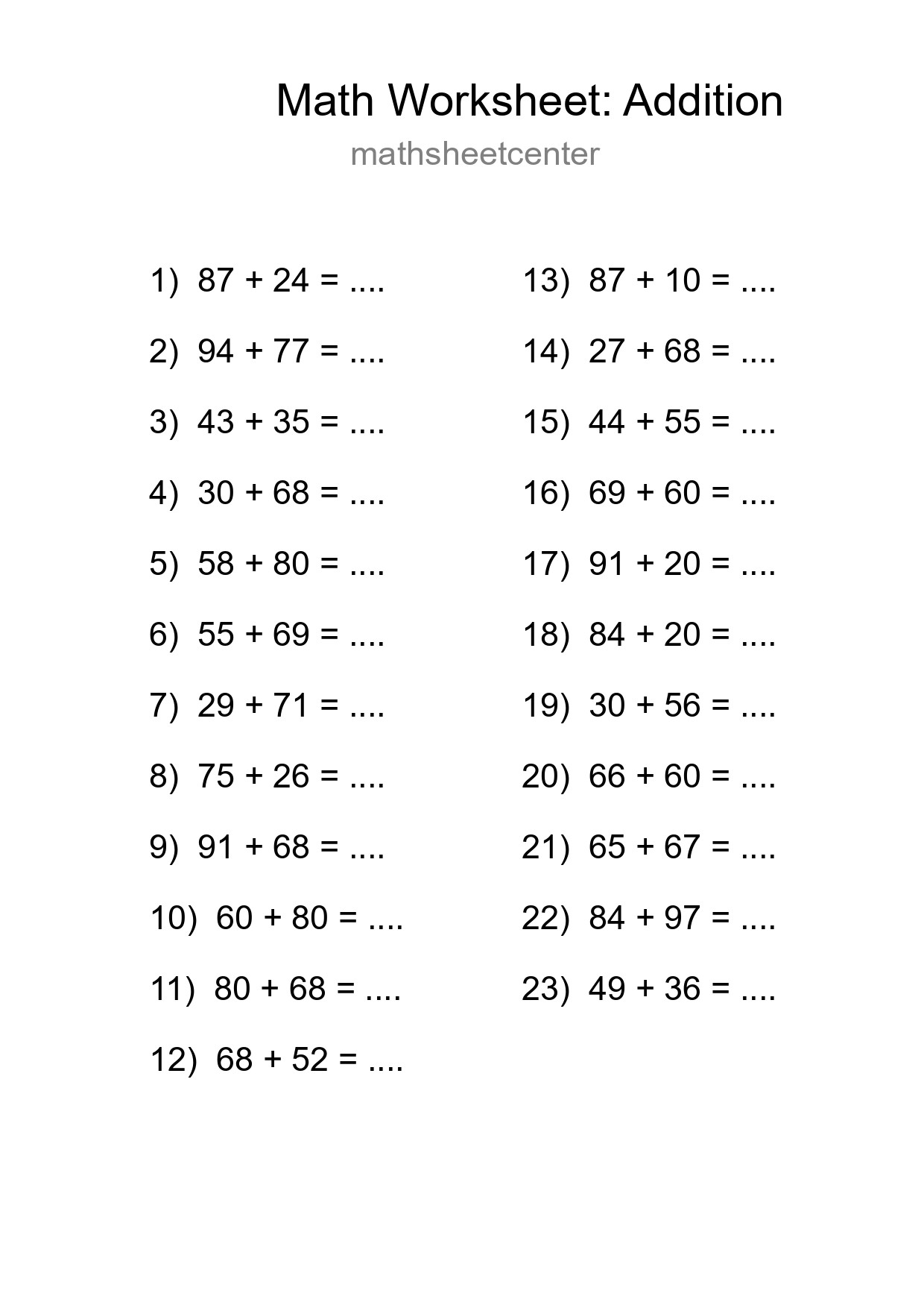 Printable Free 23 Addition Math Worksheet For Grade 3 - Part 221