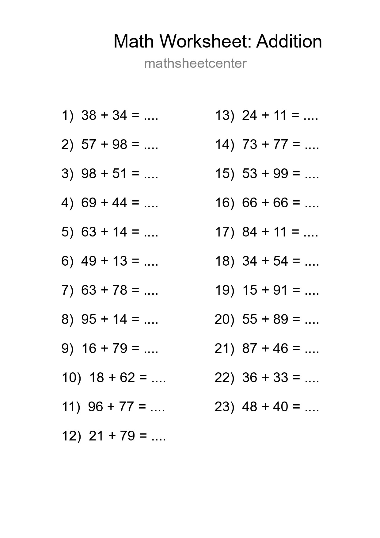 Printable Free 23 Addition Math Worksheet For Grade 3 - Part 232
