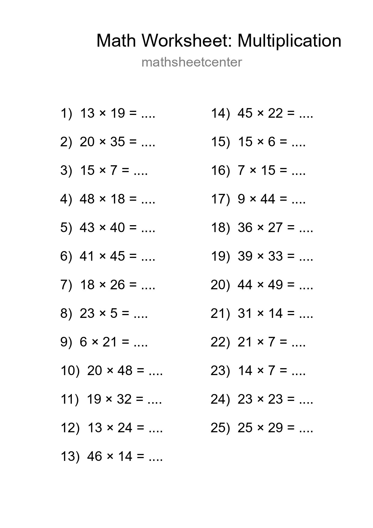Printable Free 25 Multiplication Math Worksheet For Grade 2 - Part 293
