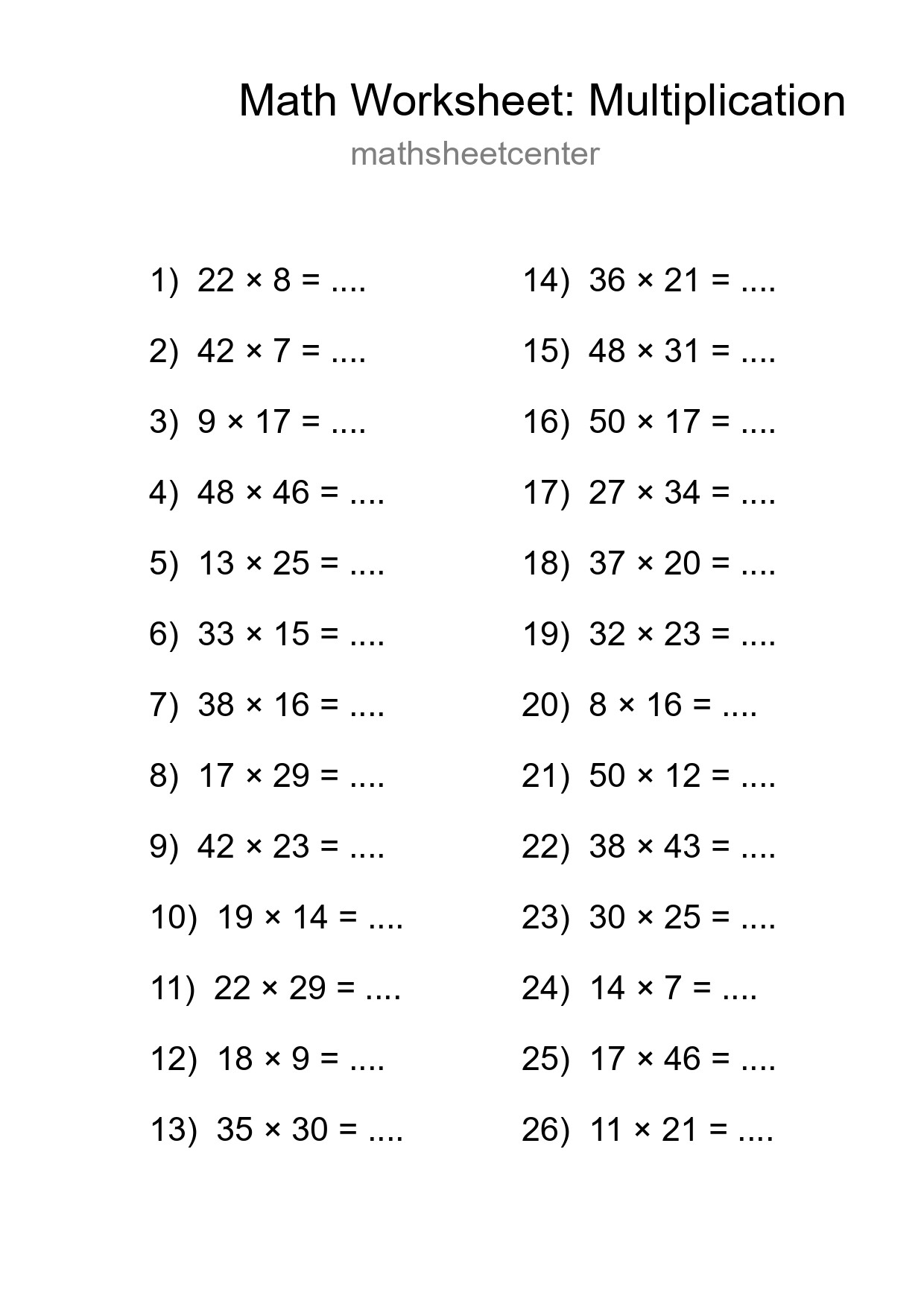 Printable Free 26 Multiplication Math Worksheet For Grade 2 - Part 150
