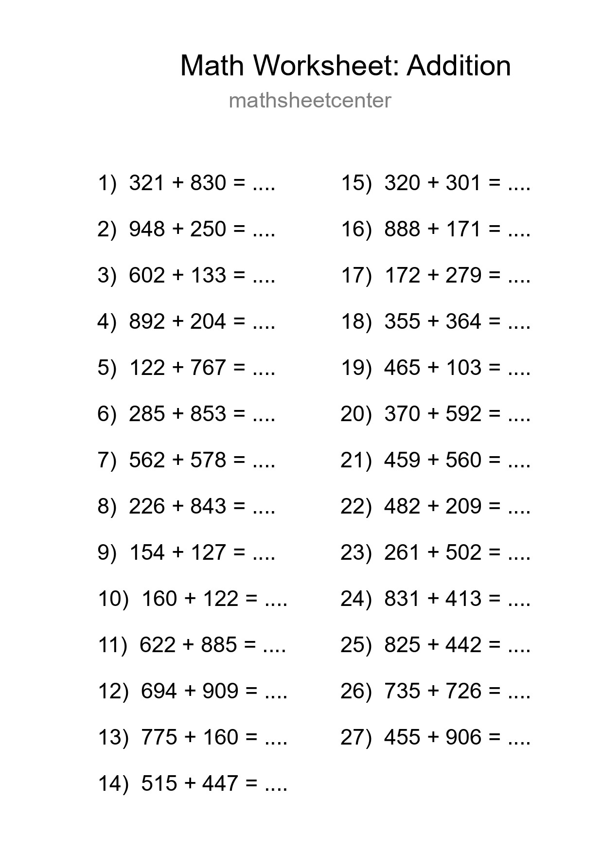 Printable Free 27 Addition Math Worksheet For Grade 5 - Part 100