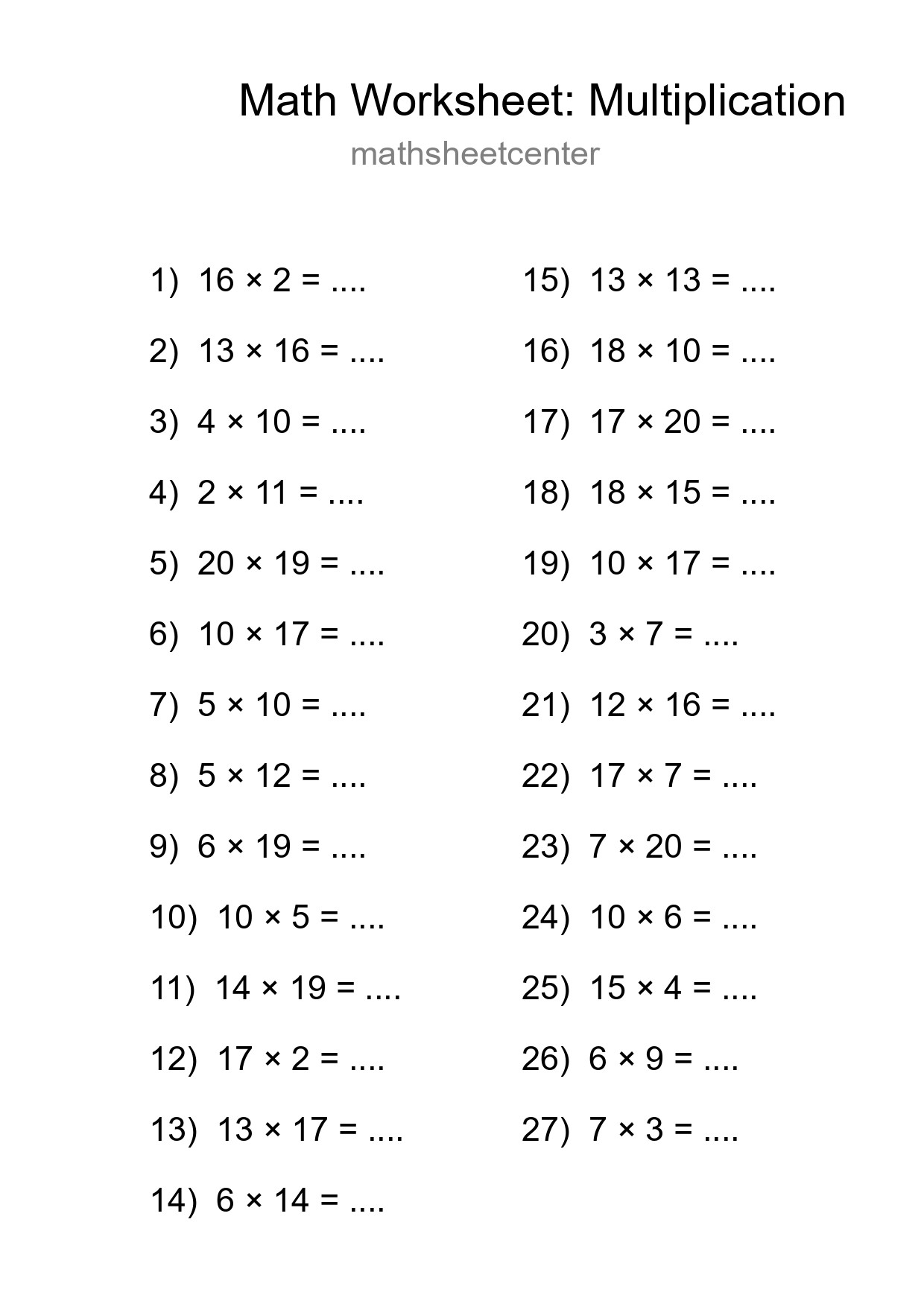 Printable Free 27 Multiplication Math Worksheet For Grade 2 - Part 84