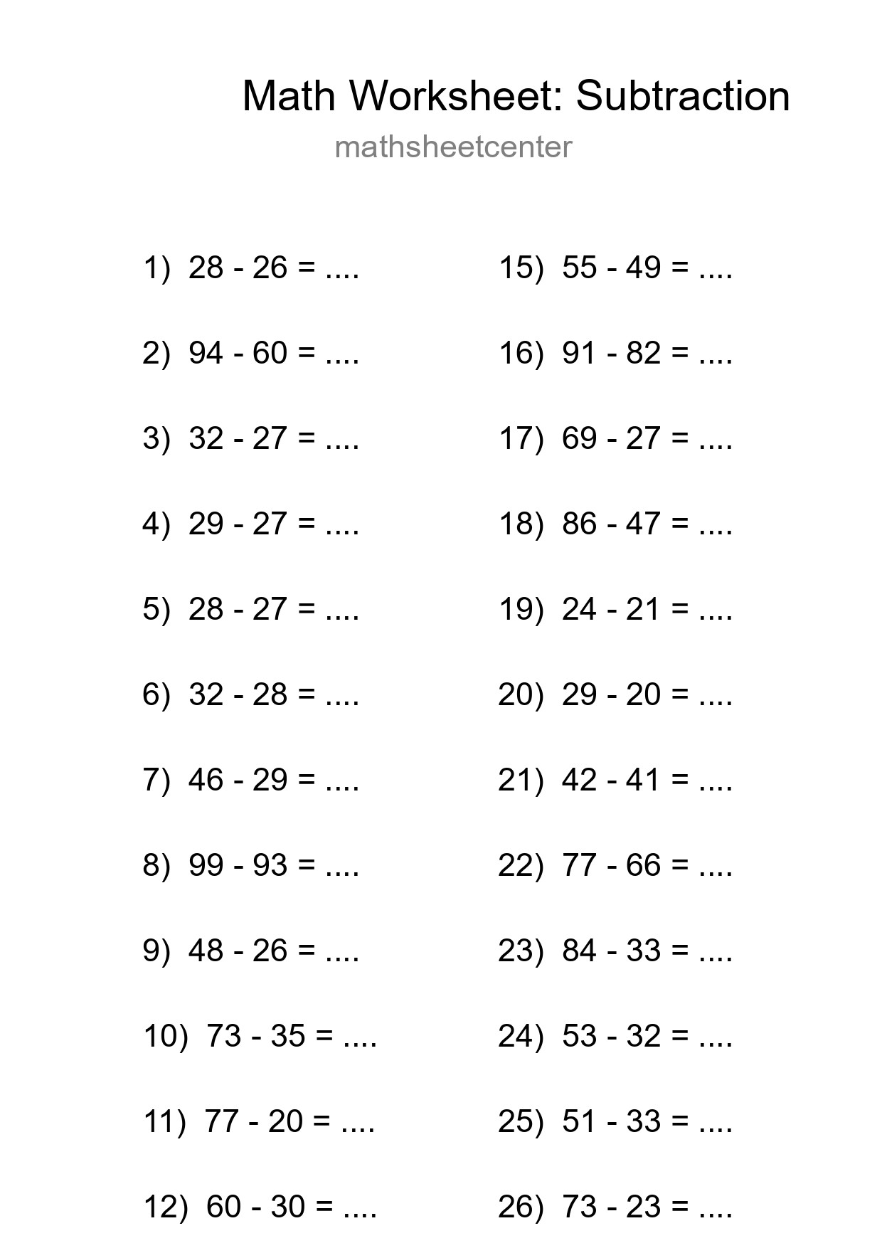 Printable Free 28 Subtraction Math Worksheet For Grade 3 - Part 294