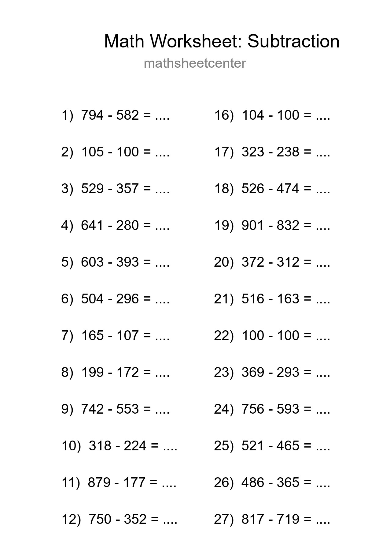 Printable Free 29 Subtraction Math Worksheet For Grade 5 - Part 118